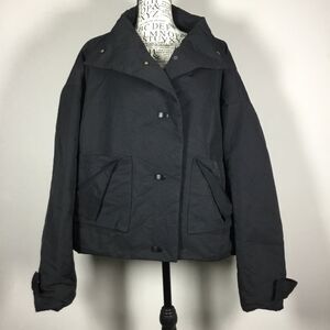 Black winter coat high collar button closure diagonal front pockets cozy sz L